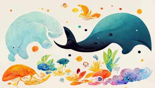 wallpaper, whale in the sea, white background, surrounded by fish of all colors, white background, drawn, all colors, funny, dreamworks style, cartoon, vertical design, 2q, --ar 16:9