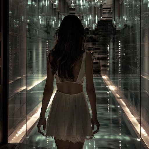 walls made of glass and you can see different luxury bed room, inside luxury hotel there is a dark corridor that leads to a secret dark bed room, walls are made of glass, dark light, night time, there is a 19 years old girl, thin, long brown hair, with white dress, high neck, beautiful, view from back