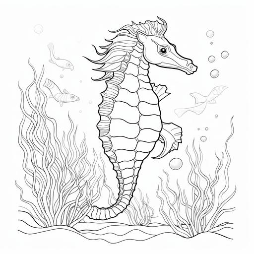 coloring page for kids, sea horse, cartoon style, thick lines, black and white, low detail, no shading –ar 9:11