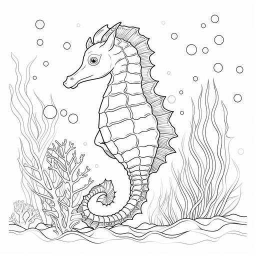 coloring page for kids, sea horse, cartoon style, thick lines, black and white, low detail, no shading –ar 9:11
