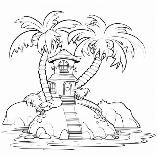 coloring page for young children, small island, palm tree, cartoon style, thick lines, black and white, low detail, no shading –ar 9:11