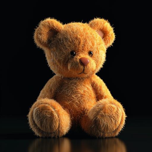 cute light orange a soft toy bear as fur shape, short hair, black background, concept playlist style, 3D illusion, digital manipulation, creative commons attribute, maroon color, poet core, storybook style --style raw --v 6.0