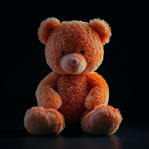 cute light orange a soft toy bear as fur shape, short hair, black background, concept playlist style, 3D illusion, digital manipulation, creative commons attribute, maroon color, poet core, storybook style --style raw --v 6.0