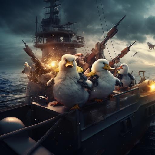 war geese dressed in body armor on the war ship, shooting banana, anime, titanic, Pokemons, ultra realistic, 4k --v 5.2