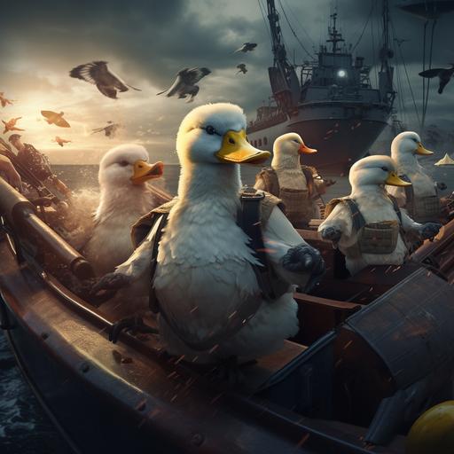 war geese dressed in body armor on the war ship, shooting banana, anime, titanic, Pokemons, ultra realistic, 4k --v 5.2