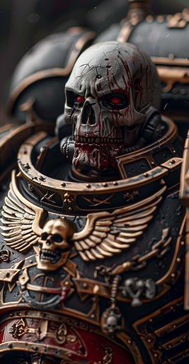 warhammer 50k on a black background, in the style of canon ts-e 17mm f/4l tilt-shift, intricate textures, red and gray, captures raw emotions, ue5, intense coloration, skull motifs --c 35 --ar 13:25 --s 400 --v 6.0 --sref