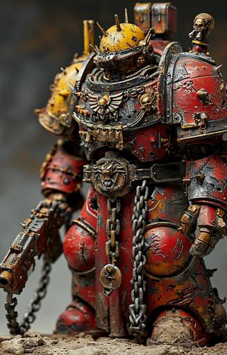 warhammer figure with a chain in his hands, in the style of slimepunk, gritty realism, ingrid baars, frogcore, light yellow and dark crimson, varied brushwork techniques, elaborate detailing --ar 128:199 --c 35 --s 400 --v 6.0