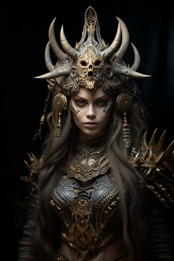 warlock female woman in a tribal dress wearing a cape and horns, in the style of hyper-realistic sculptures, epic fantasy scenes, Warhammer art, vanitas paintings, moody lighting, bronze casting, glamorous pin-ups --ar 2:3 --s 750