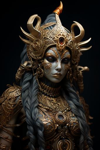 warlock female woman in a tribal dress wearing a cape and horns, in the style of hyper-realistic sculptures, epic fantasy scenes, Warhammer art, vanitas paintings, moody lighting, bronze casting, glamorous pin-ups --ar 2:3 --s 750