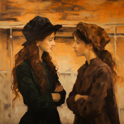 warm sweet calm understanding female middle aged orthodox jewish matchmaker wearing a brown wig meeting a very beautiful young woman with long brown har. Dressed modestly with lomg sleeves in the style of toulouse - lautrec size 1020 by 1920