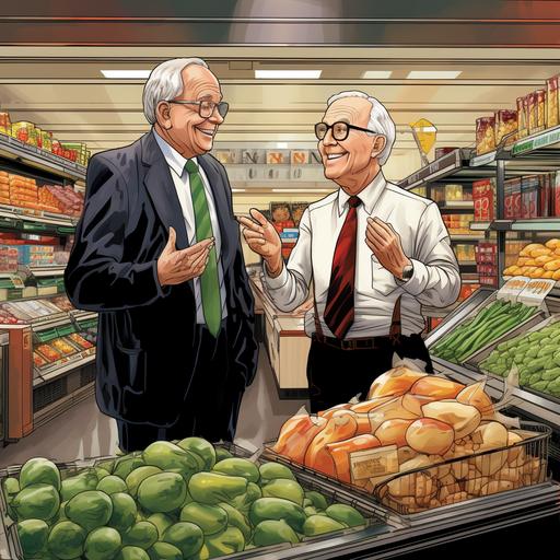 warren buffet look a like man talks to a customer in grocery store in cartoon theme