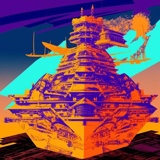 warring states era sengoku jidai pagoda of imperial star destroyers, saturated orange and blue palette, saturated yellow and purple palette, liminal space --v 5