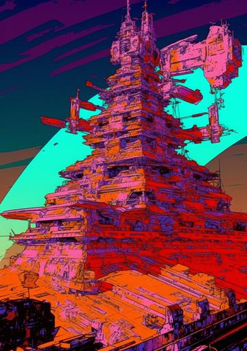 warring states era sengoku jidai pagoda of imperial star destroyers, saturated orange and blue palette, saturated yellow and purple palette, liminal space :: Interpretation of empire Star Wars Destroyers stacked as a Ziggurat on the planet Hoth rich vibrant colors --ar 14:20 --v 5 --s 1000