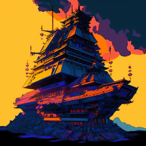 warring states era sengoku jidai pagoda of imperial star destroyers, saturated orange and blue palette, saturated yellow and purple palette, liminal space --v 5