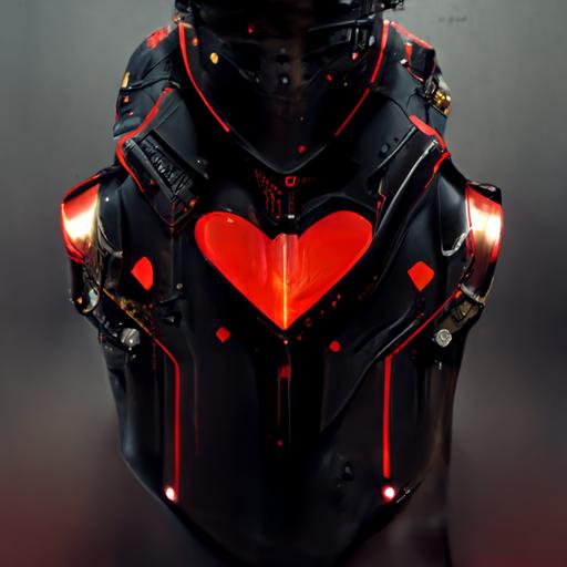 warrior, black armor, large futuristic gun, bight ruby for a heart, high res, hyper realistic, play station skin