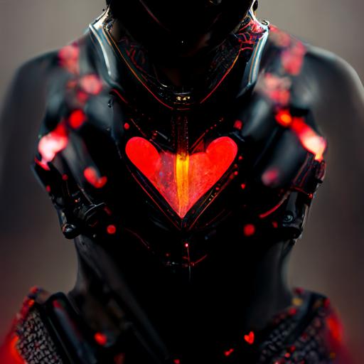 warrior, black armor, large futuristic gun, bight ruby for a heart, high res, hyper realistic, play station skin