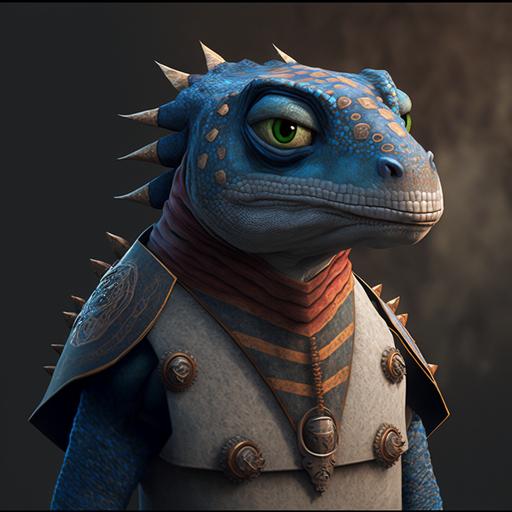 warrior, sad, blue tongue lizard, character :: textured, Zootopia style, pixar style, flat key lighting, super stylized anatomy ar 2:3 --uplight --v 4