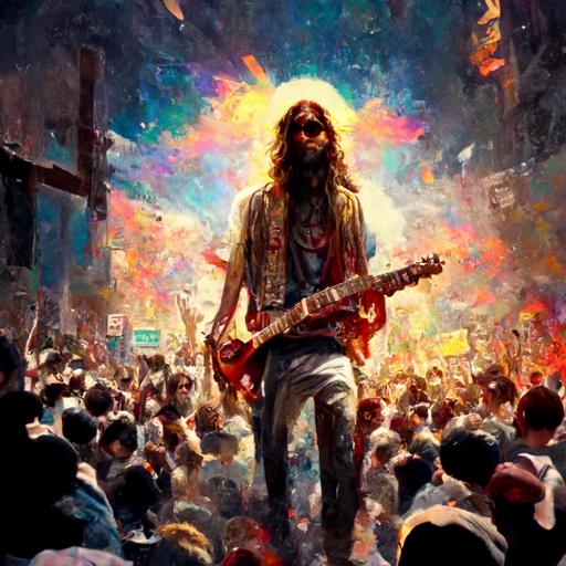 washed up rock god jesus plays the best air guitar solo ever the crowds heads explode and pizza juice goes everywhere, some people throw up, realistic