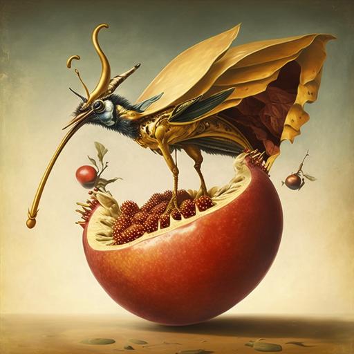 wasp coming out of a paradise birds beak coming out of a pomegranate painted by salvador dalí