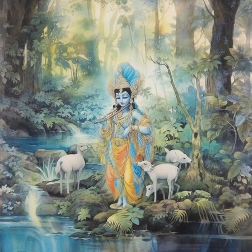water color, painting, Krishna, in Forrest