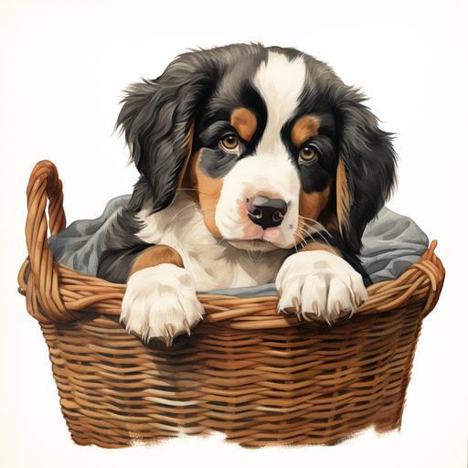 water coloured illustration of a bernese mountain puppy , sl;eeping in a basket