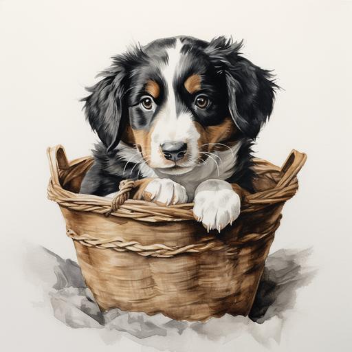 water coloured illustration of a bernese mountain puppy , sl;eeping in a basket