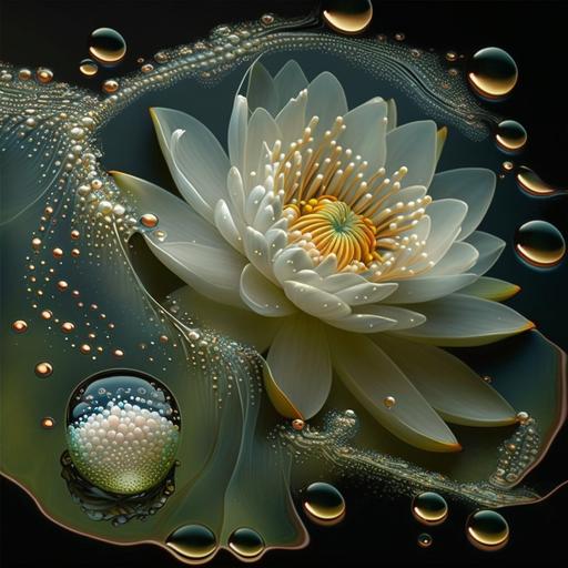 water lily, exotic, water, floating, reflections in water, bejeweled, dewdrops, droplets, floating petals, koi fish, cosmic, Egyptian, gold details, mesmerizing, scrolls, beauty, filmy, lace, gossomer, flowing, surreal, ethereal, Art Nouveau, dreamlike, dreamscape, dreaming, photo realistic, hyper detailed, hyper realistic, ghostly, soothing