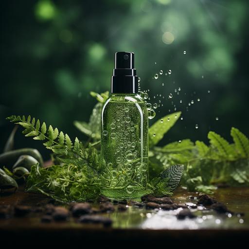 water spray bottle, mockup green leaves background, cosmetic product advertising, indigo color, --s 750 --v 5.2