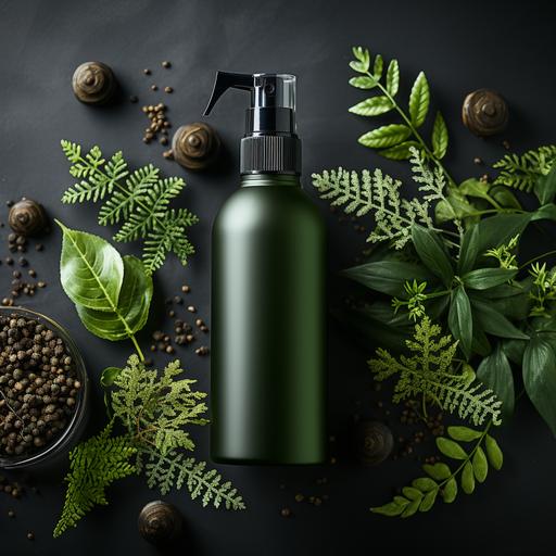 water spray bottle, mockup green leaves background, cosmetic product advertising, indigo color, --s 750 --v 5.2
