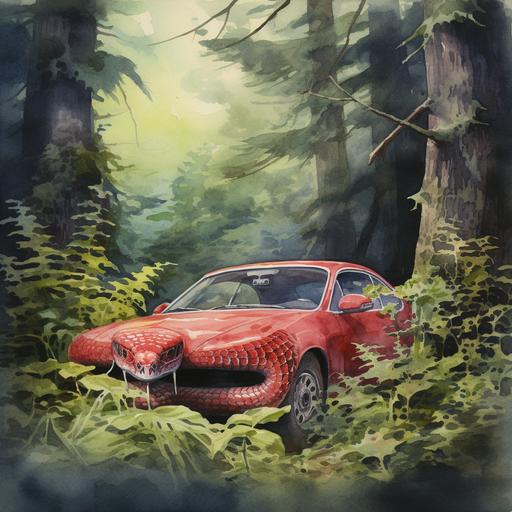watercolor A kind three-headed red snake in the rainy forest and in the backgorund there is a car that is gray.