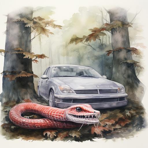 watercolor A three-headed red snake in the rainy forest and in the backgorund there is a car that is gray.