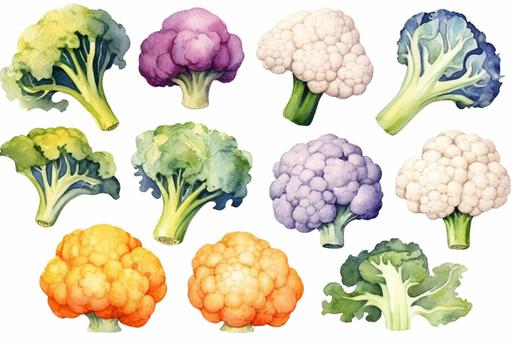 watercolor Cauliflower vegetable clipart, flat style, no volume, few details, washed out, minimalistic style, very lose details, very light colors, transparent colors, light airy hues and pastel tones, spaced out, white background, washed out colors and paint, hand-painted watercolor, watercolor spray, watercolor splash, splatters and paint smudges on top of each Cauliflower, watercolor paper with visible rough paper texture, a variety of watercolor brushes, do not cross workspace borders, rough watercolor paper texture on top --ar 6:4 --s 1000 --v 5.1 --q 2 --s 750