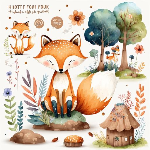 watercolor Fox cute in the Wood Clipart png --v 4