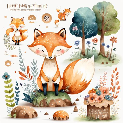 watercolor Fox cute in the Wood Clipart png --v 4