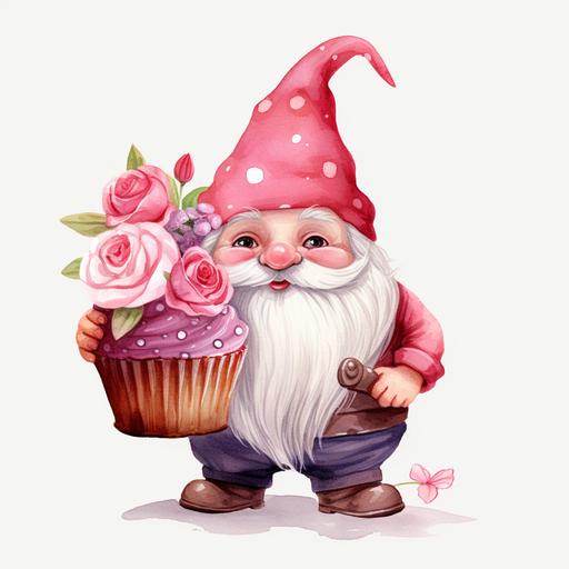 watercolor Valentine Gnome Clipart, Gnome Hand cake, watercolor, handdrawn, detailed, realistic, white background --v 5.2