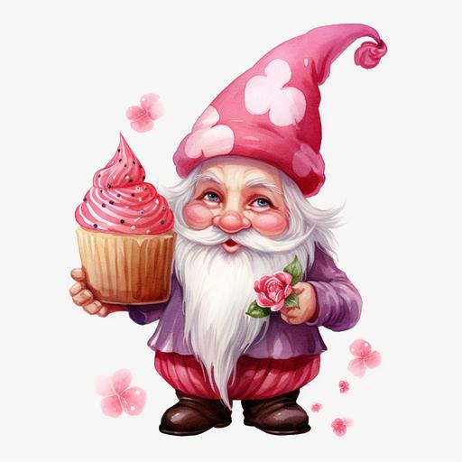 watercolor Valentine Gnome Clipart, Gnome Hand cake, watercolor, handdrawn, detailed, realistic, white background --v 5.2