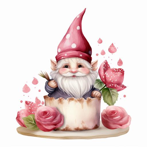 watercolor Valentine Gnome Clipart, Gnome Hand cake, watercolor, handdrawn, detailed, realistic, white background --v 5.2