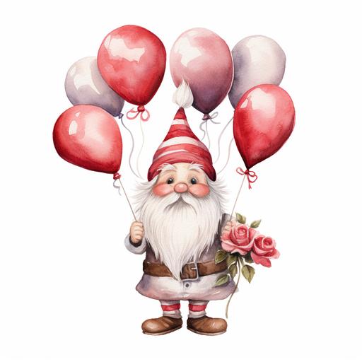 watercolor Valentine Gnome, There will be a Valentine Gome, holding love balloons, watercolor, handdrawn, detailed, realistic, white background --v 5.2