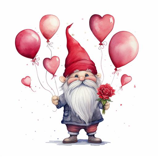 watercolor Valentine Gnome, There will be a Valentine Gome, holding love balloons, watercolor, handdrawn, detailed, realistic, white background --v 5.2