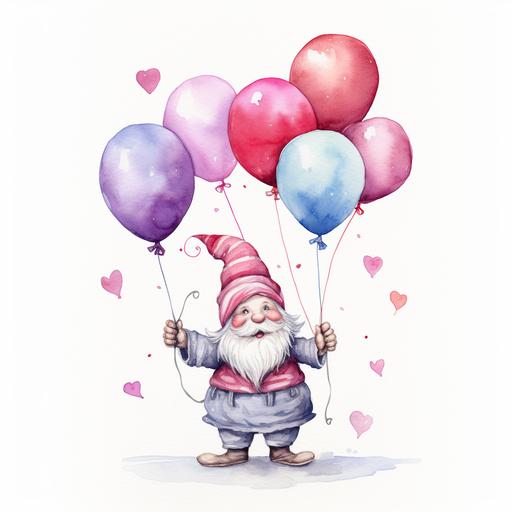 watercolor Valentine Gnome, There will be a Valentine Gome, holding love balloons, watercolor, handdrawn, detailed, realistic, white background --v 5.2