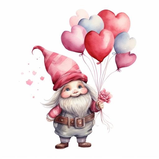 watercolor Valentine Gnome, There will be a Valentine Gome, holding love balloons, watercolor, handdrawn, detailed, realistic, white background --v 5.2