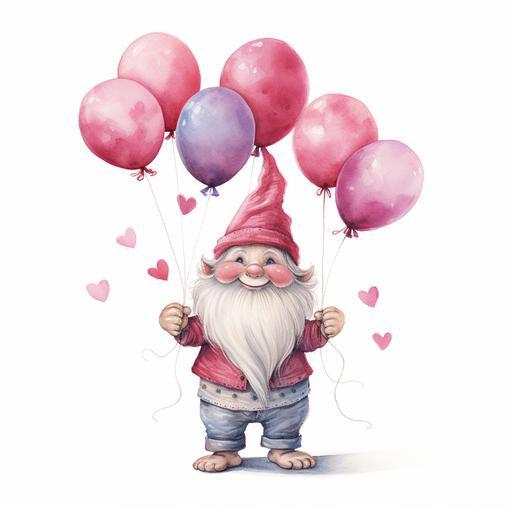 watercolor Valentine Gnome, There will be a Valentine Gome, holding love balloons, watercolor, handdrawn, detailed, realistic, white background --v 5.2