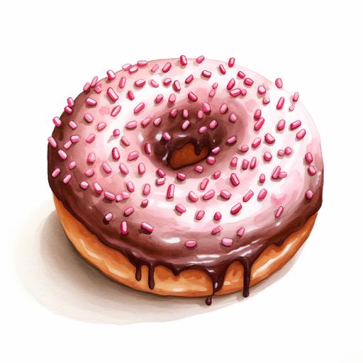 watercolor Valentine's day doughnut with chocolate frosting and pink heart shape sprinkles, on white background