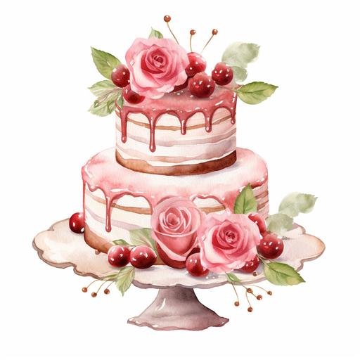 watercolor Vintage Romantic Cake Valentine clipart, watercolor, handdrawn, detailed, realistic, white background --v 5.2