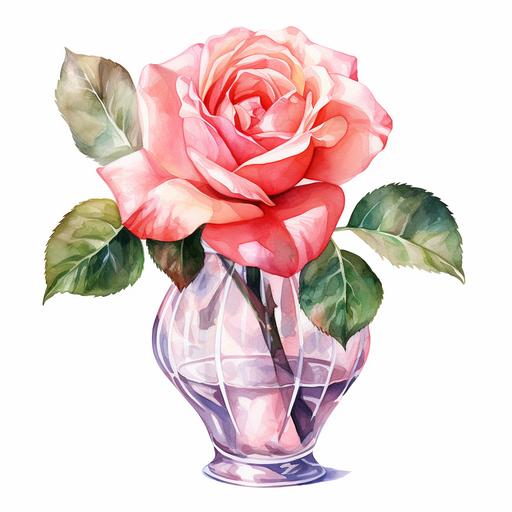 watercolor a single rose salmon pink color in a transparent vase clipart white background