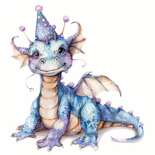 watercolor baby dragon, wearing birthday party hat, isolated on white background
