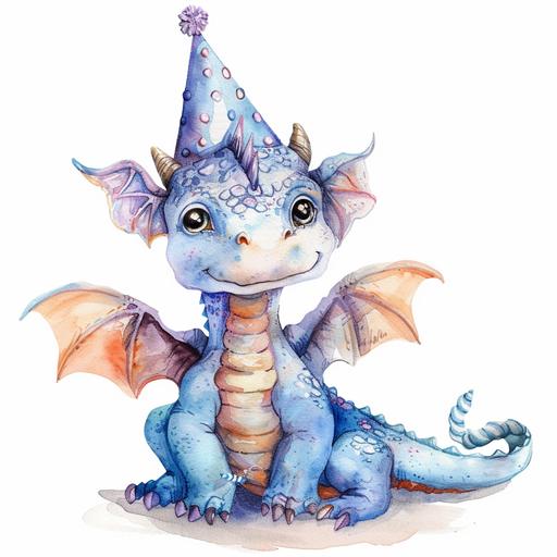 watercolor baby dragon, wearing birthday party hat, isolated on white background