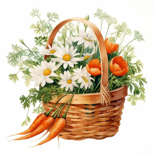 watercolor basket with carrots and white flowers, on white background