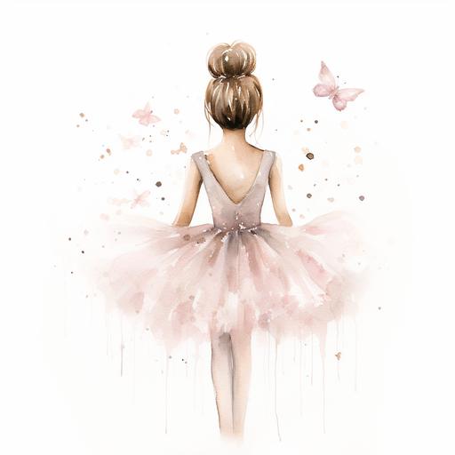 watercolor boho pretty doll ballerina from behind, back, arms above head releve, with pink ballet shoes on, releve, hair in bun, white beige, pale pink, gold glitter with butterflies white background