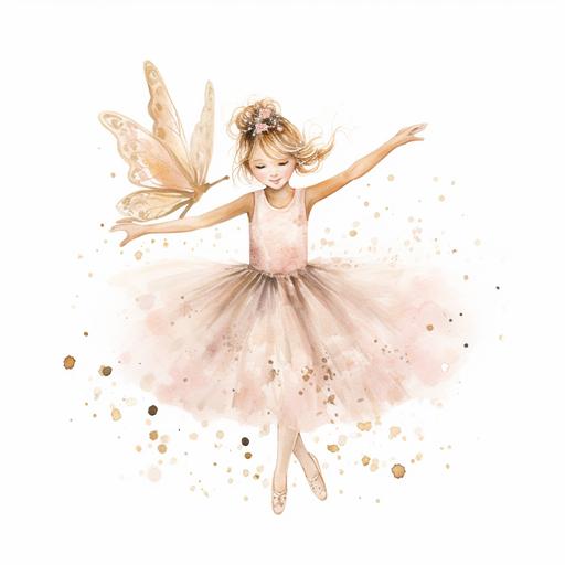 watercolor boho pretty doll ballerina twirling around, white beige, pale pink, gold glitter with butterflies white background